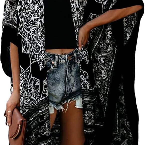 Women's Kimono Cardigan Summer Swimsuit Coverups Beach Cover Up with Floral Prin - Picture 1 of 5